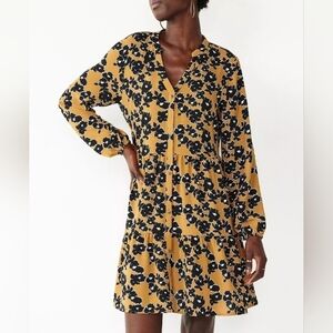Nine West Tiered Mini Midi Shirt Dress Floral Loose Fit Gold Mustard Black White